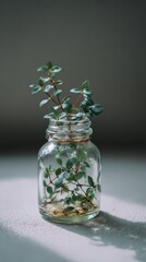 Minimalist Eucalyptus Cuttings in Clear Glass Jar, Soft Light  Shadow Play.