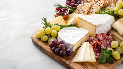 Creamy brie and assorted cheeses with grapes, charcuterie and crackers on board