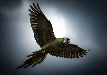 Obraz premium Military macaw in powerful flight with extended wings against a dramatic dark sky