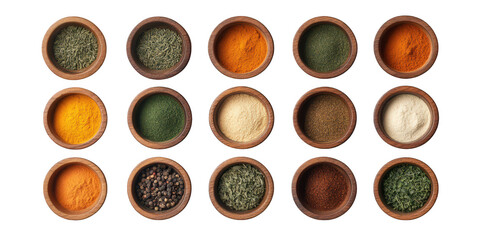 A colorful arrangement of various spices and herbs in traditional clay bowls. colors and textures. set against a clean. white background. ideal for culinary or food-related projects