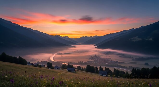 Dramatic sunrise over mountain valley with fog and vibrant colors landscape