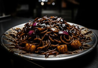 Korean jajangmyeon black bean noodles with thick sauce, red onion, and potato