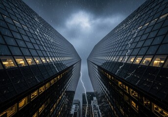 Dramatic lightning strike between two massive glass skyscrapers during a heavy rainstorm.