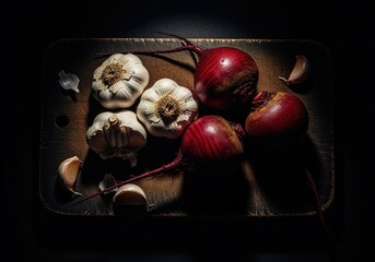 Dramatic still life arrangement of fresh garlic and red beets on a rustic wooden board.