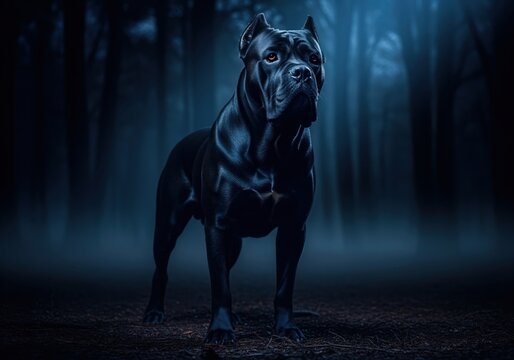 Imposing black cane corso dog standing guard in a dark, atmospheric forest at night.