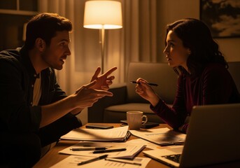 Serious couple discussion about financial planning and documents late at night