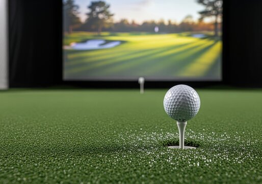 White golf ball on a tee on artificial turf in front of a virtual golf simulator screen