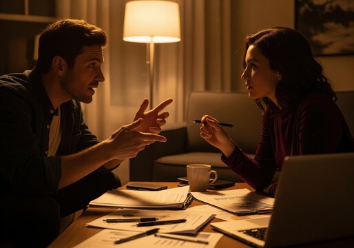 Serious couple discussion about financial planning and documents late at night - Powered by Adobe
