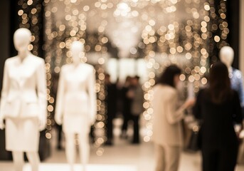 Sophisticated fashion boutique interior with mannequins and festive golden bokeh lights