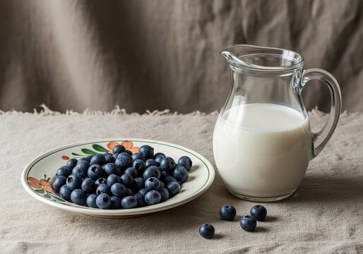 Fresh blueberries on a decorative plate next to a glass pitcher of milk on a rustic table