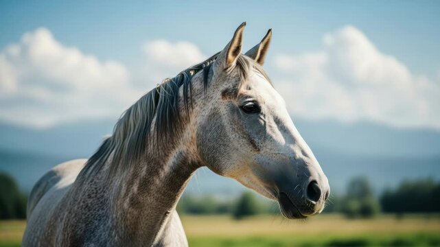 Majestic dapple grey horse stands gracefully in a vibrant green field. A serene natural landscape with blue sky and distant mountains completes the scene