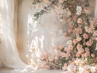 Romantic Floral Arrangement Against an Old Wall with Soft Lighting