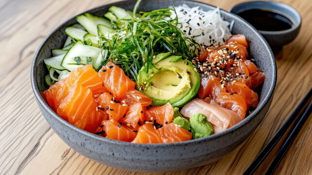 Salmon sashimi chirashi bowl with avocado, cucumber, seaweed and sesame, bright and fresh