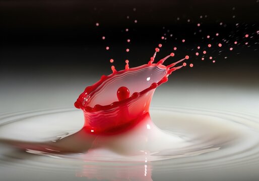 Visceral red drop splash captured in high speed photography creating a liquid crown shape