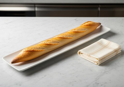Freshly baked french baguette loaf on a white platter resting on a marble countertop