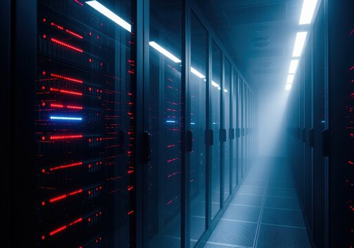 High tech data center corridor with rows of server racks and intense red and blue lights