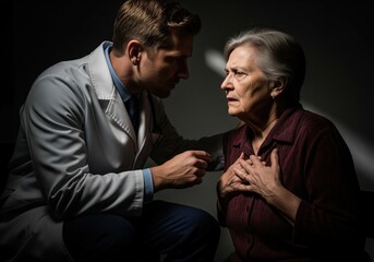Serious medical consultation between doctor and senior woman experiencing chest pain