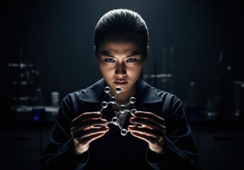Intense asian female scientist examining a complex chemical molecular model in a dark lab