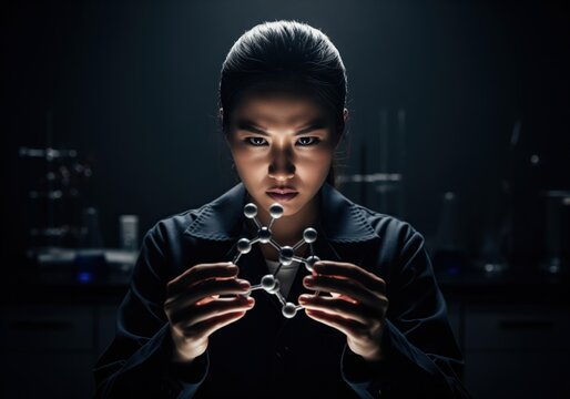 Intense asian female scientist examining a complex chemical molecular model in a dark lab - Powered by Adobe