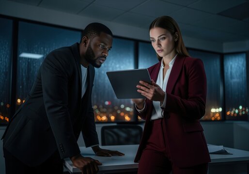 Intense business partners review strategy on a tablet late at night in a modern office