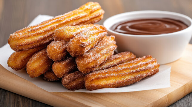 Warm cinnamon sugar churro sticks with chocolate dipping sauce, cozy dessert indulgence
