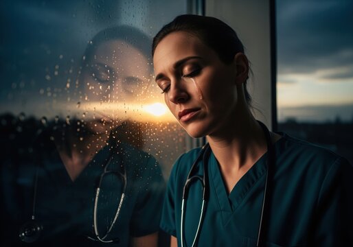Stressed female doctor crying, leaning against a window with sunset reflection