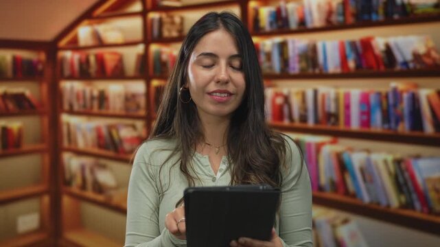Woman using tablet in a cozy library, surrounded by shelves of colorful books, showcasing a quiet and studious atmosphere indoors.