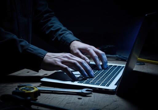 Tense hands typing rapidly on a laptop keyboard in a dimly lit, dramatic security setting
