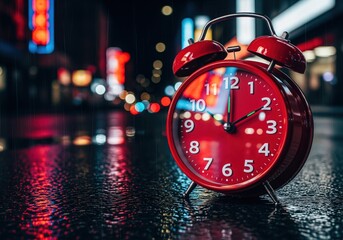 Classic red alarm clock on a dark wet street reflecting colorful urban neon lights.