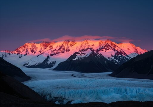 Dramatic alpenglow illuminates snow capped mountains above a massive blue glacier at sunset.