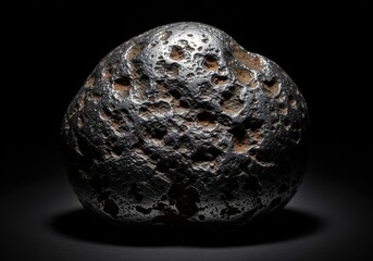 Fototapeta premium Dark metallic meteorite fragment with heavily pitted surface in moody low key studio lighting