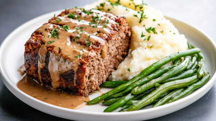 Savory meatloaf with mashed potato and green bean