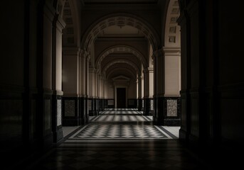 Long, dramatic classical corridor with arched vaults, columns, and checkerboard floor.