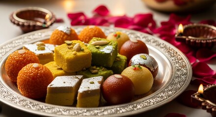 Assortment of Indian Sweets and Desserts on a Decorative Plate with Diyas.