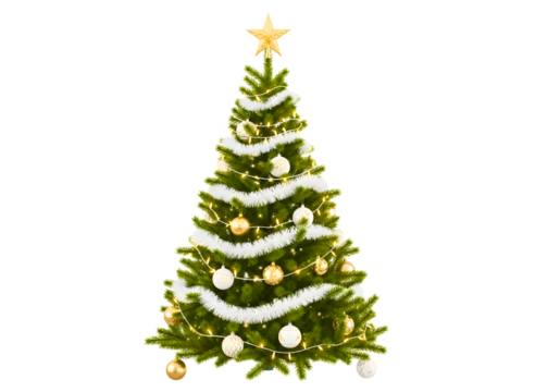 Decorated christmas tree with ornaments and lights isolated on transparent background