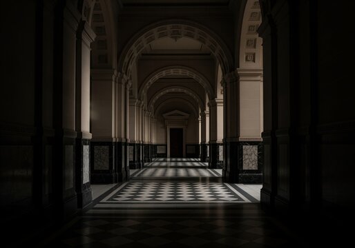 Long, dramatic classical corridor with arched vaults, columns, and checkerboard floor.