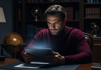Focused businessman working late at night reviewing data on a digital tablet