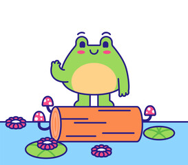 Cheerful green frog on an orange log surrounded by mushrooms, lily pads, and flowers, playful pond perfect for kids materials, stickers, educational content, or cute nature vector illustration