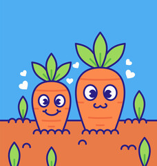 Two adorable cartoon carrots pop out of the soil with bright eyes, smiling faces, and fresh green leaves white heart icons float around them cartoon illustration vector hand drawn style