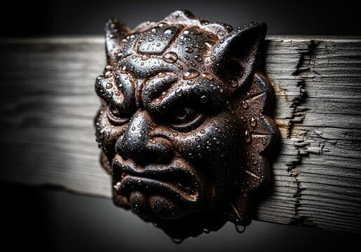 Dark cast iron gargoyle head covered in rain drops mounted on rough wooden beam