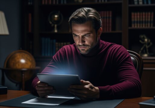 Focused businessman working late at night reviewing data on a digital tablet