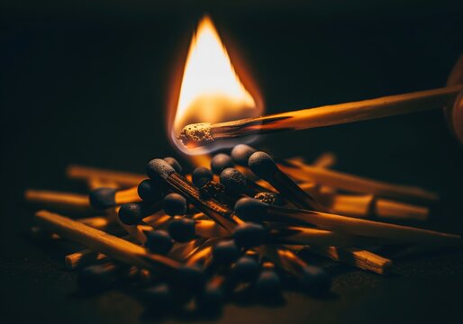 Single wooden matchstick ignited, casting a bright flame and warm light over a pile of dark matches. - Powered by Adobe