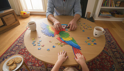 Flat lay top view of parent and child hands assembling colorful parrot jigsaw puzzle on wooden table. Family learning and teamwork concept.