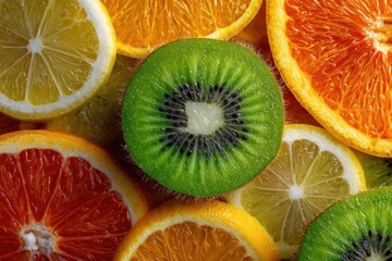 Vibrant Close-Up of Fresh Citrus Slices and Juicy Kiwi Halves, Bursting with Color and Texture.