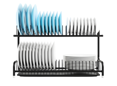 Twotier black metal dish drying rack with plates and bowls isolated on transparent background