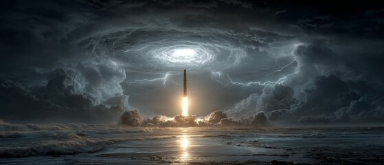 Soaring across the globe: a missile's transcontinental journey. Cinematic glow. Skyward journey: a ballistic missile amidst clouds and complexity. Neon poster. Digital artwork.