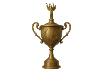 Golden award trophy features a winged victorious figure, laurel wreath, and ornate handles on a transparent background, symbolizing triumph