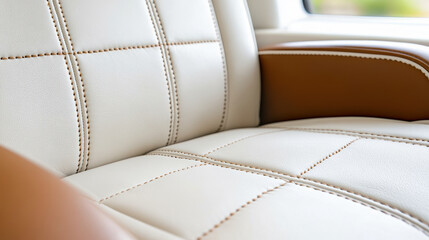 Obraz premium Cream white leather seat with detailed stitching and warm brown armrest, cozy premium interior