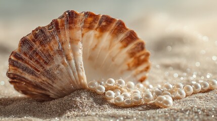 Delicate Seashell and Pearl Necklace Resting on Sandy Beach, Close-Up View.