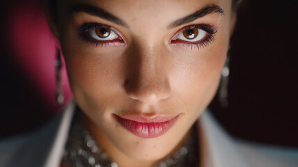 Close-up portrait of a confident woman with captivating eyes and an elegant appearance, showcasing striking features.